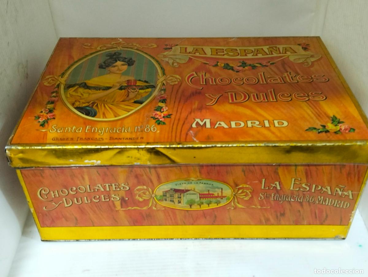 Cajas y cajitas met&aacute;licas: ANTIGUA CAJA CHAPA SERIGRAFIADA, LA ESPA&Ntilde;A CHOCOLATES Y DULCES, MADRID