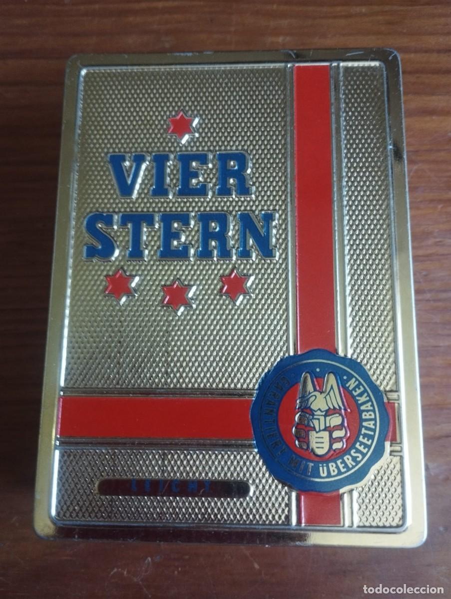 Cajas y cajitas met&aacute;licas: Caja met&aacute;lica antigua de cigarrillos o puros de la marca alemana Vier Stern. 1931