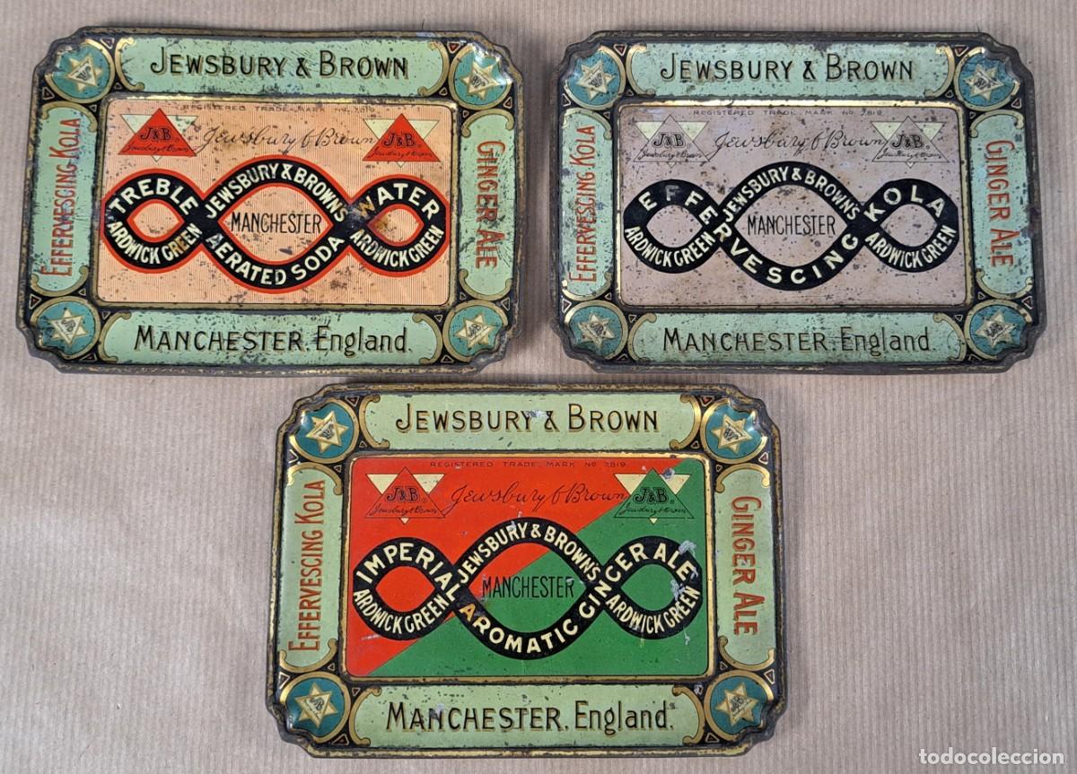 Cajas y cajitas met&aacute;licas: JEWSBURY & BROWN, 3 BANDEJITAS PUBLICITARIAS (1890-1920)