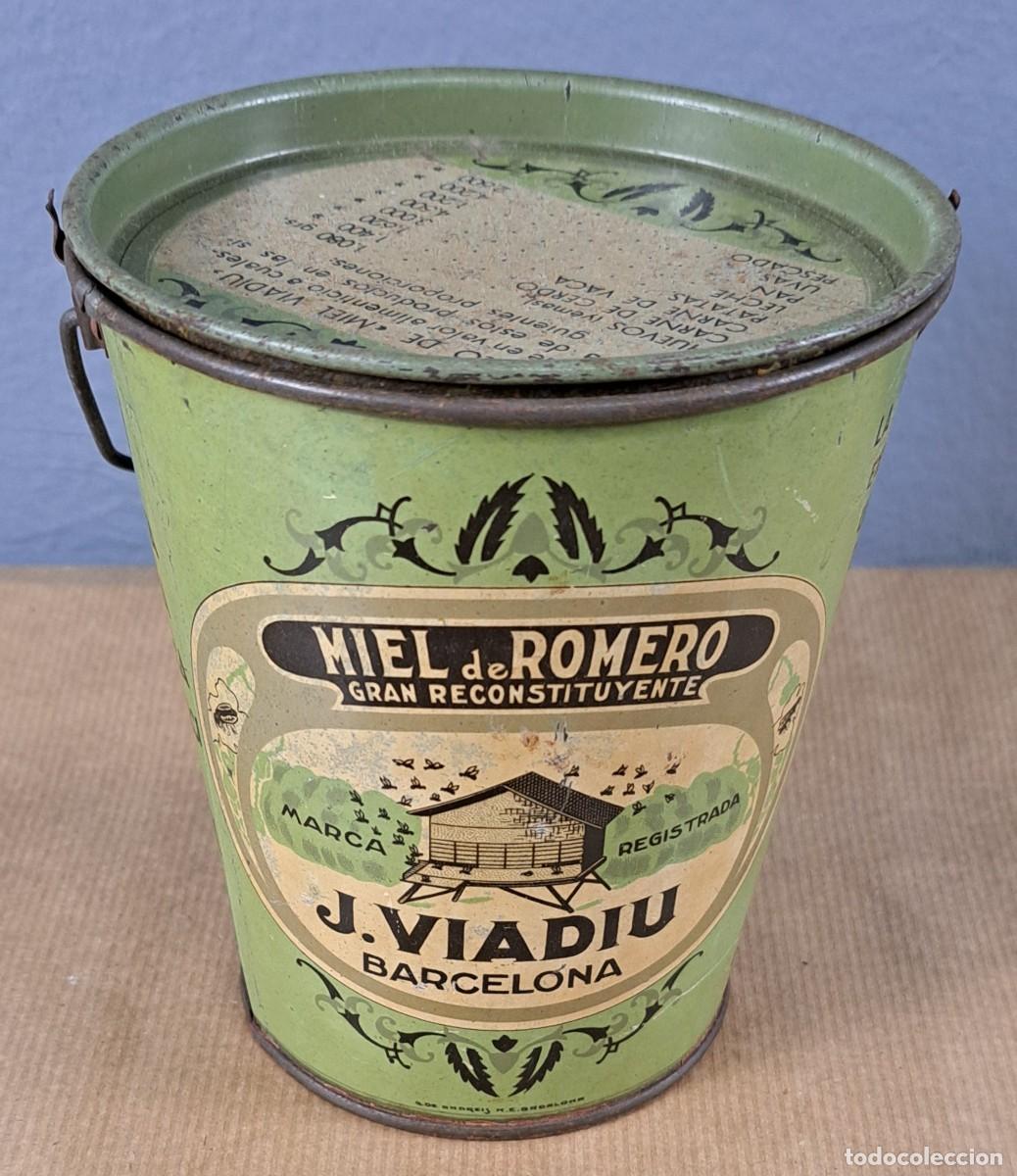 Cajas y cajitas met&aacute;licas: Miel de romero J. Viadiu, Barcelona, primera mitad siglo XX