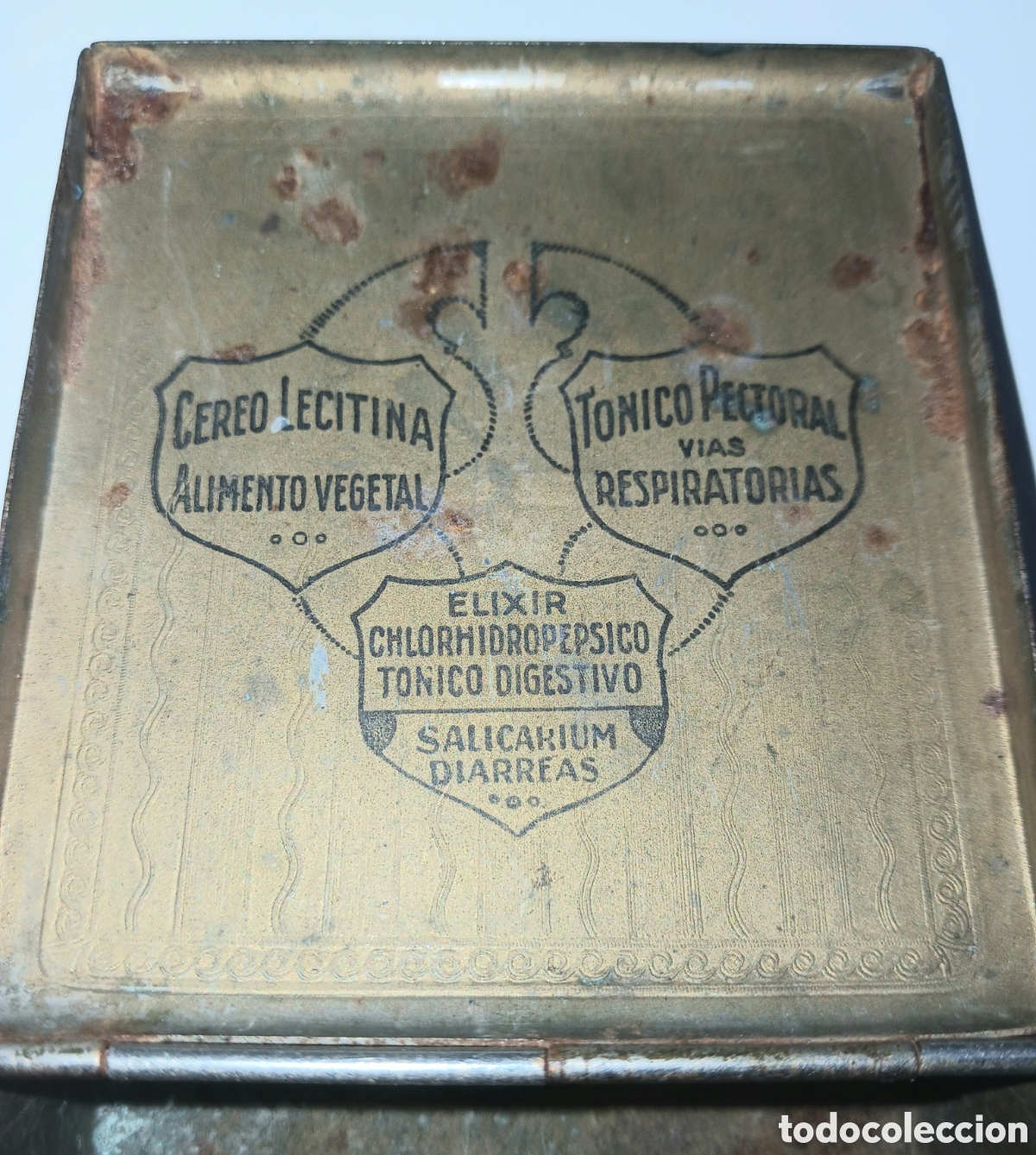 Cajas y cajitas met&aacute;licas: Antigua caja met&aacute;lica de farmacia litografiada - Salicarium, Cereo Lecitina y Elixir - A&ntilde;os 20/30