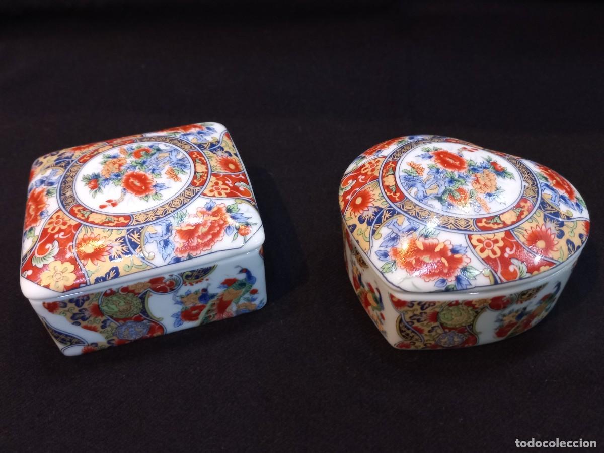 Cajas y cajitas met&aacute;licas: PAREJA CAJITAS (porcelana) &uml;CORAZ&Oacute;N Y CUADRADA&uml; naranja y azul