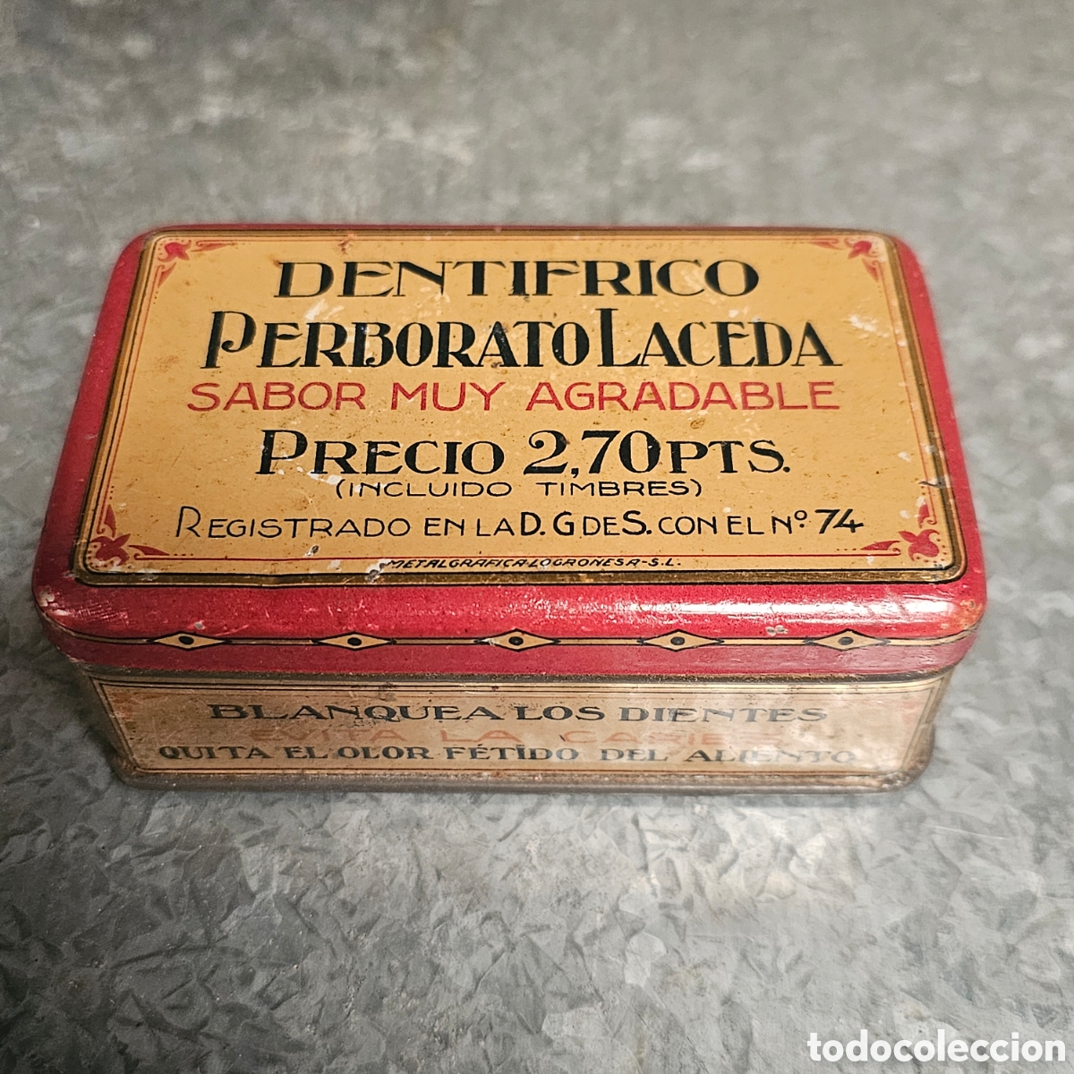 Cajas y cajitas met&aacute;licas: ANTIGUA CAJA DE HOJALATA LITOGRAFIADA CON PUBLICIDAD DE FARMACIA, DENTIFRICO, PERBORATO LACDA