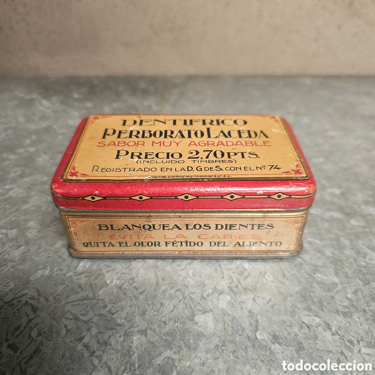 Cajas y cajitas met&aacute;licas: ANTIGUA CAJA DE HOJALATA LITOGRAFIADA CON PUBLICIDAD DE FARMACIA, DENTIFRICO, PERBORATO LACDA