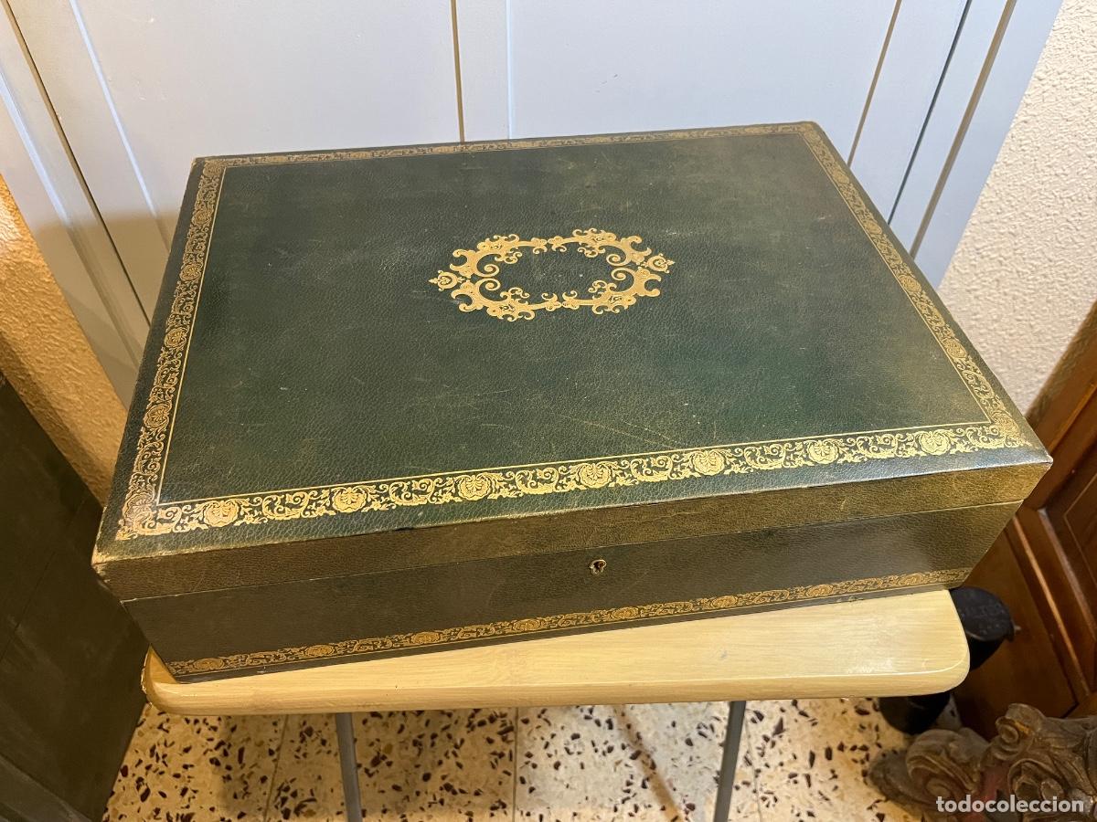 Caixas e caixinhas met&aacute;licas: Caja cuberter&iacute;a joyero vintage piel verde lujo estuche cubiertos a&ntilde;os 50 60 escritorio cl&aacute;sico