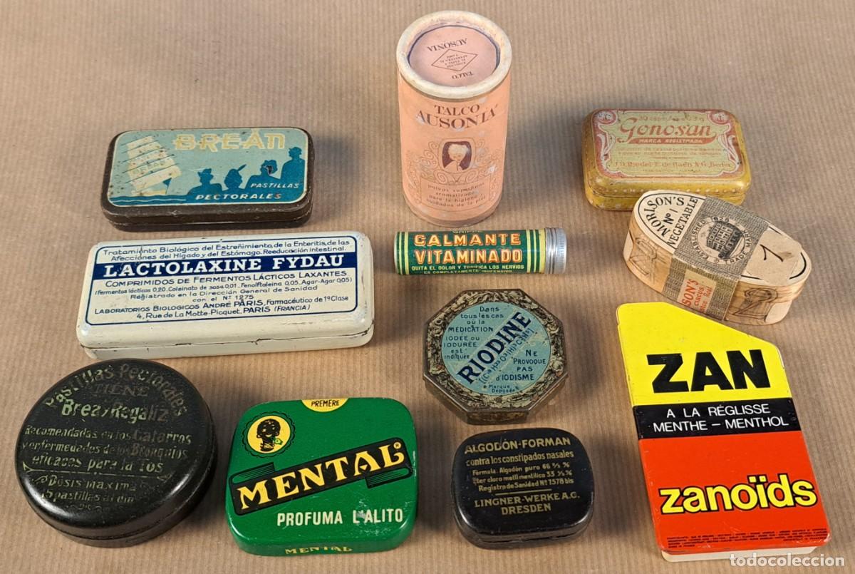 Cajas y cajitas met&aacute;licas: Lote de cajitas y envases antiguos de farmacia y perfumer&iacute;a, principios siglo XX