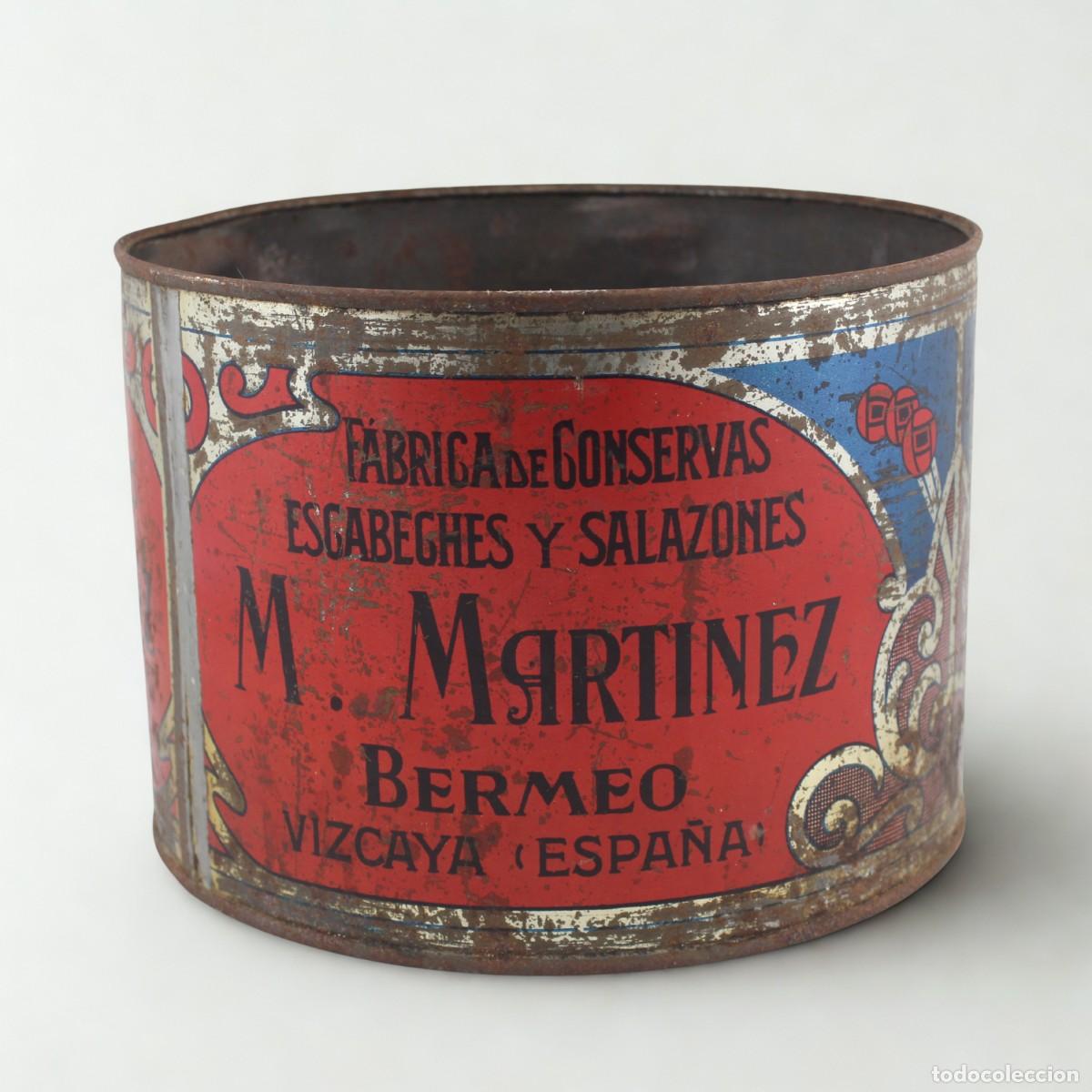Cajas y cajitas met&aacute;licas: Antigua Lata Conservas M Martinez Bermeo Vizcaya Vintage c.1940 Bonito Escabeches y Salazones