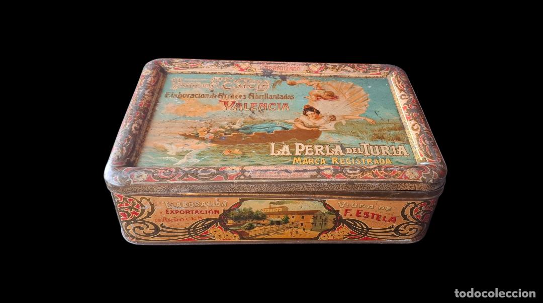 Cajas y cajitas met&aacute;licas: (LA-260509)LATA LITOGRAFIADA LA PERLA DEL TURIA -VIUDA F.ESTELA ARROCES (VALENCIA)