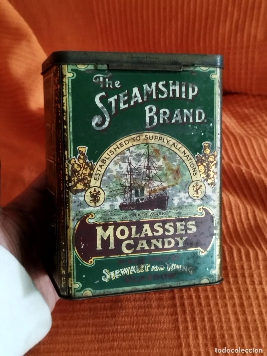 Cajas y cajitas met&aacute;licas: Antigua lata de Caja lata inglesa caramelos litografiada molasses candy.