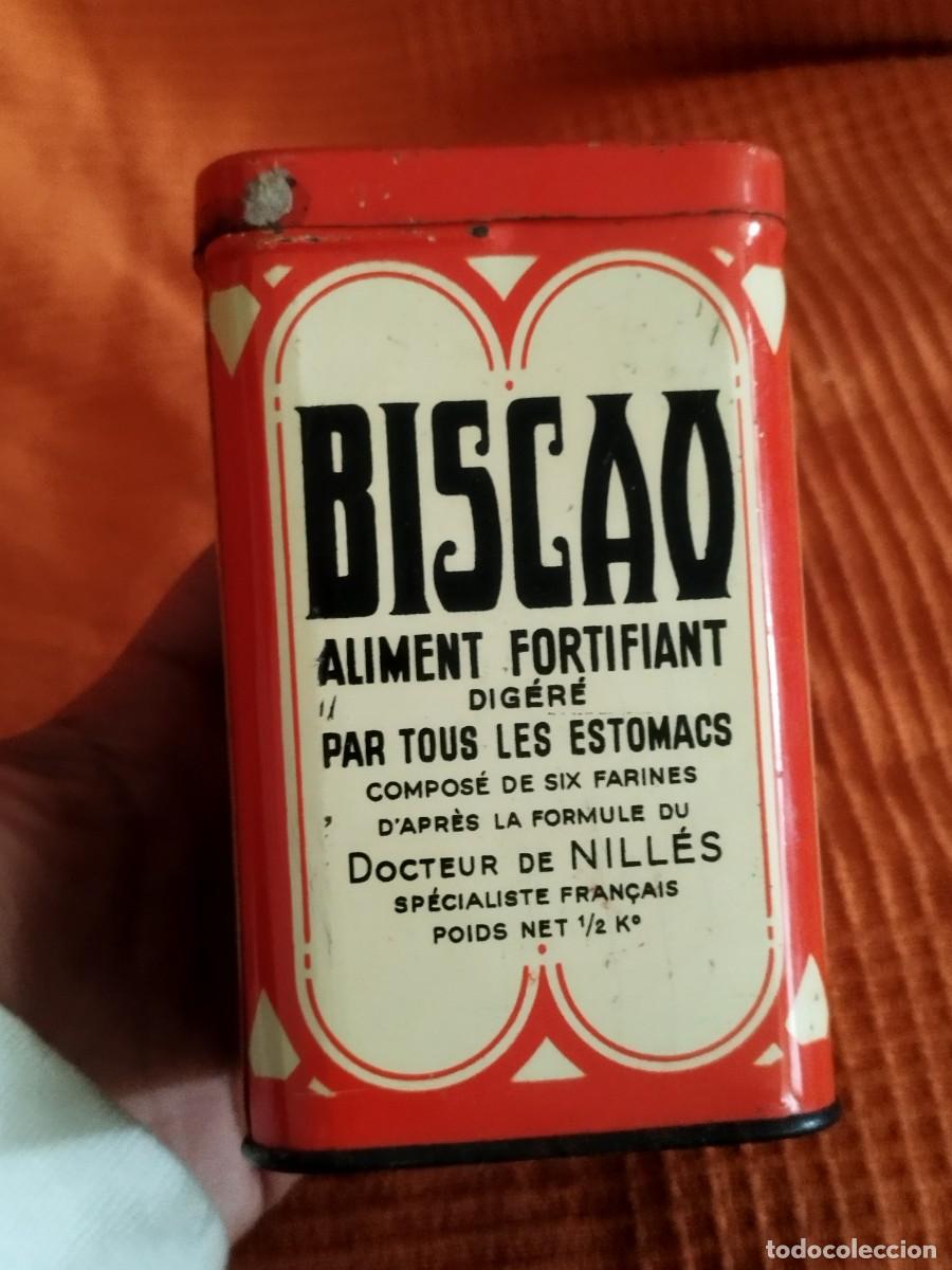 Cajas y cajitas met&aacute;licas: Lata antigua de Biscao, un suplemento alimenticio fortificante franc&eacute;s de mediados del siglo XX.