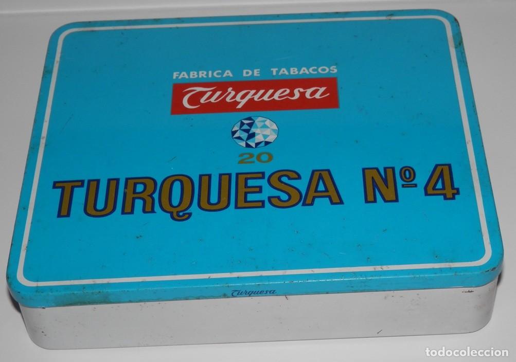 Cajas y cajitas met&aacute;licas: ANTIGUA CAJA DE LOS TABACOS TURQUESA