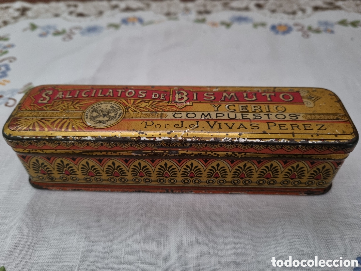 Cajas y cajitas met&aacute;licas: Antigua caja medicamento. Salicilatos de Bismuto y Cerio. J.J. Vivas P&eacute;rez. Serigrafiada.