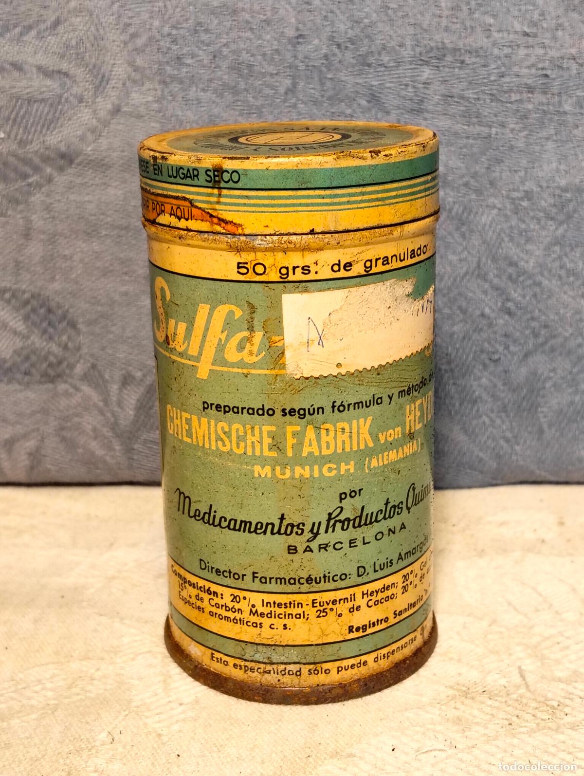 Cajas y cajitas met&aacute;licas: Sulfa-adsorg&aacute;n Heyden bote lata de medicamento farmacia antiguo polvo negro caja metal a&ntilde;os 50