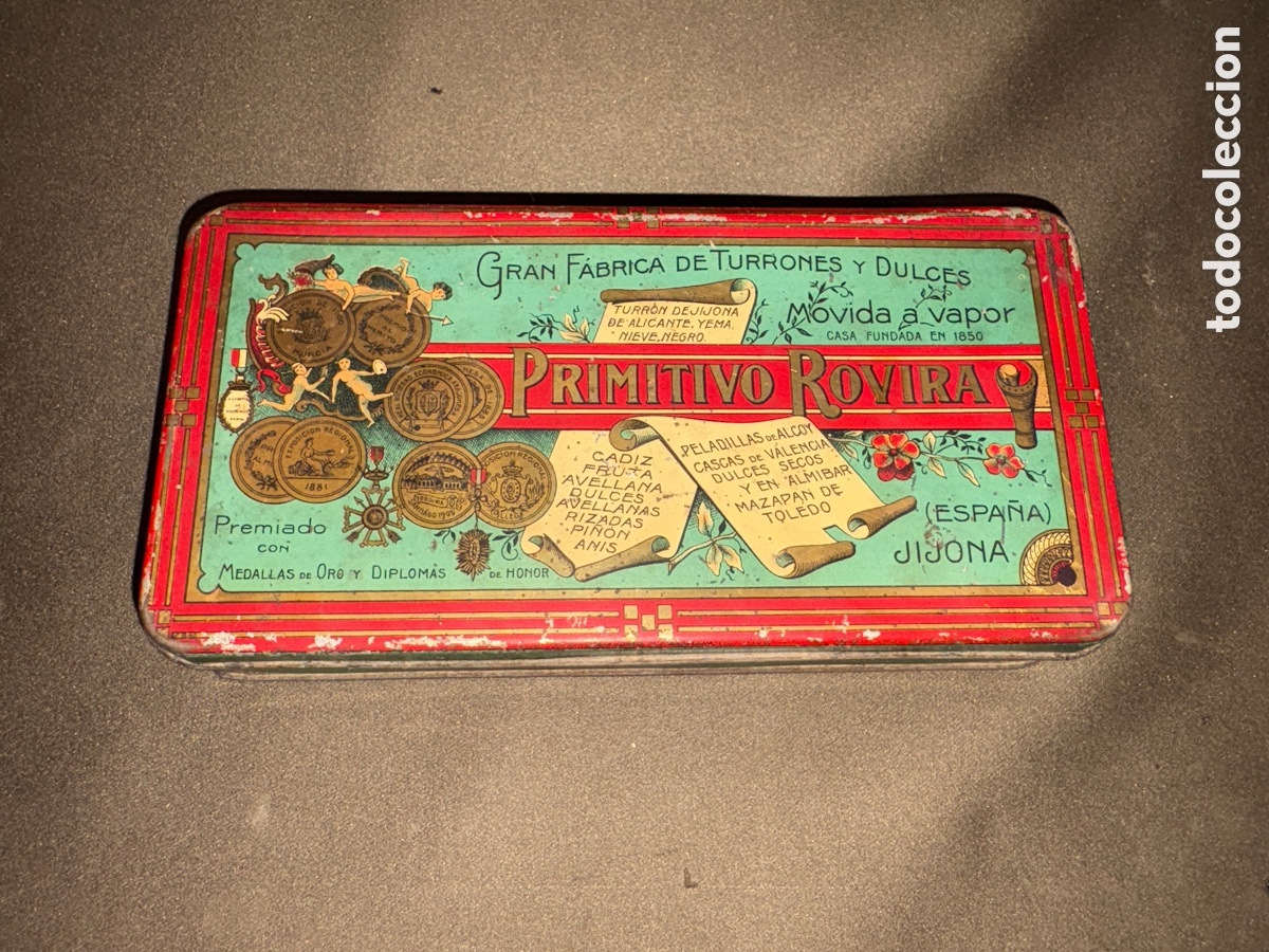 Cajas y cajitas met&aacute;licas: ANTIGUA CAJA METALICA TURRONES Y DULCES&rdquo;PRIMITIVO ROVIRA&rdquo;DE JIJONA.18X11X4 CM.