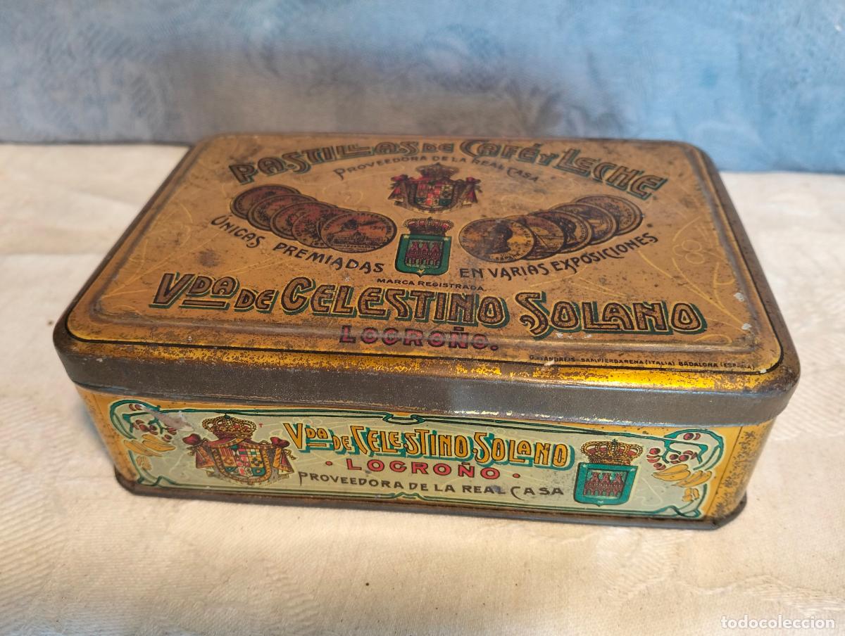 Caixas e caixinhas met&aacute;licas: Caja de metal litografiada antigua pastillas caf&eacute; y leche Vda de Celestino Solano Logro&ntilde;o a&ntilde;os 40-50