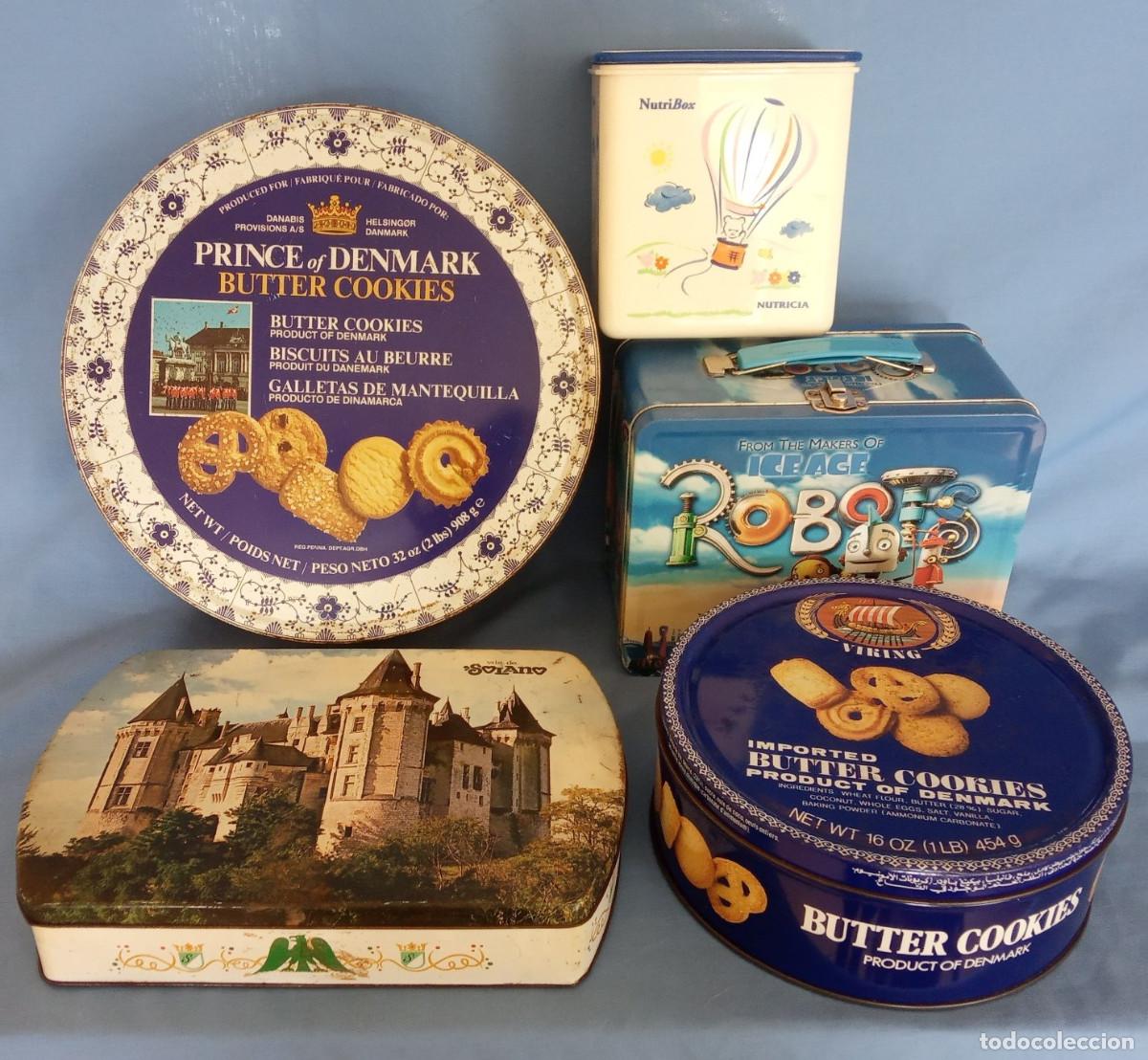 Caixas e caixinhas met&aacute;licas: Lote de 5 cajas distintas&ndash; Prince of Denmark / Nutricia / Robots / Vda. de Solano / Butter Cookies
