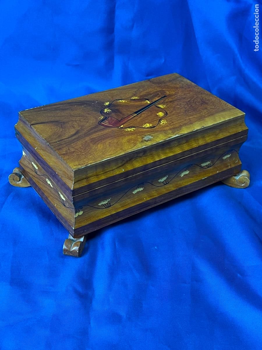 Blechdosen und Kisten: Antigua Caja de Madera para Pipas y Tabaco con Taracea. Humidor / Tabaquera Vintage