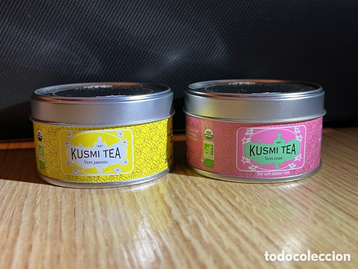 Cajas y cajitas met&aacute;licas: 2x cajitas / cajas met&aacute;licas KUSMI TEA. Amarilla y rosa. Vert Jasmin. Vert Rose. Par&iacute;s, France
