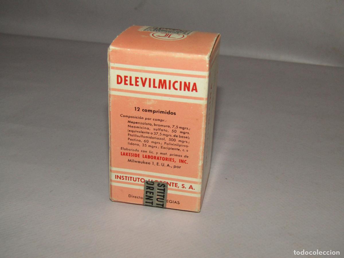 Cajas y cajitas met&aacute;licas: Antigua Caja Farmacia Medicina 12 Comprimidos de DELEVILMICINA de Instituto Llorente Madrid