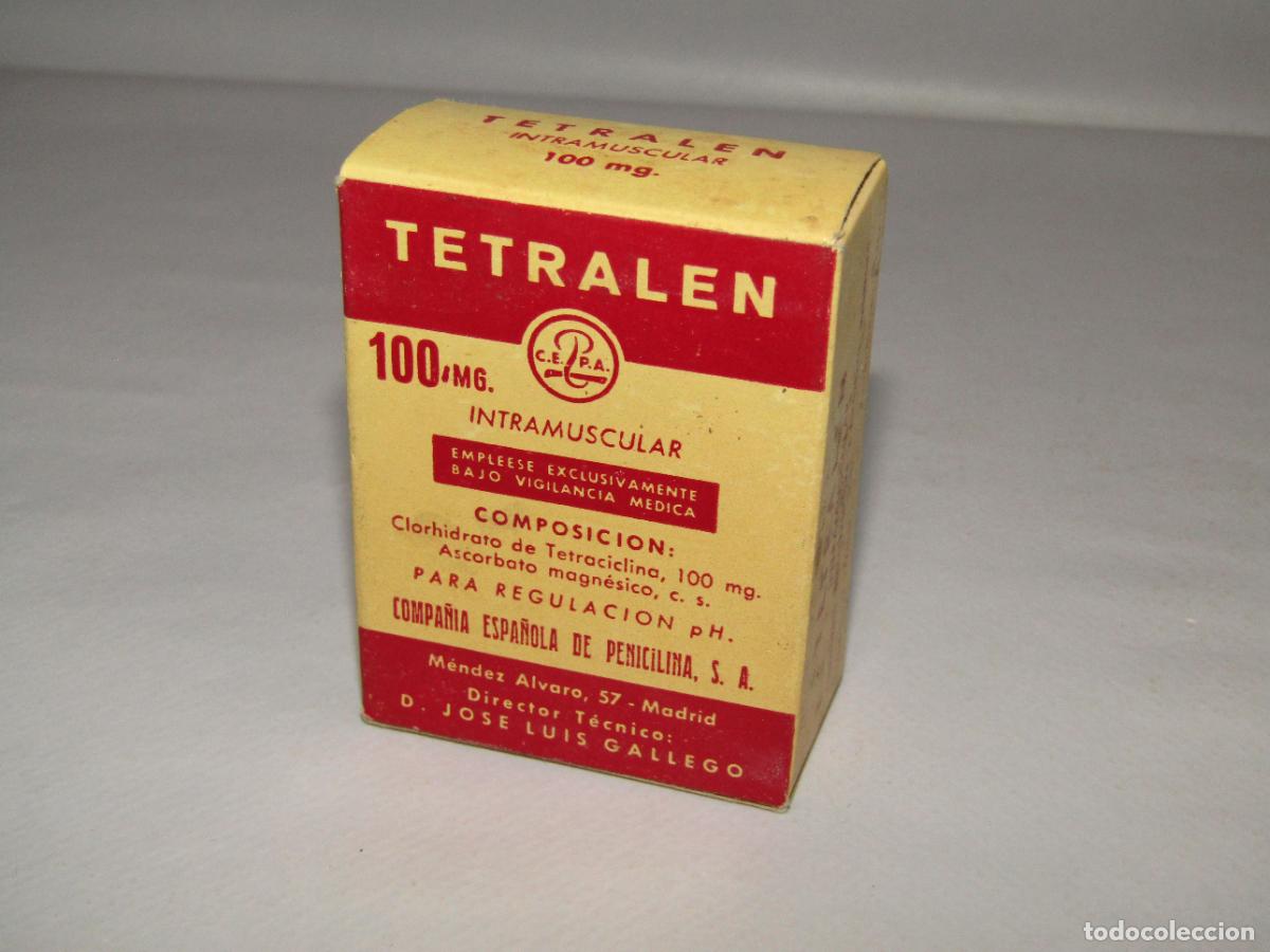 Cajas y cajitas met&aacute;licas: Antigua Caja Farmacia Medicina TETRALEN 100 mg. de Compa&ntilde;&iacute;a Espa&ntilde;ola de Penicilina A&ntilde;o 1960s.
