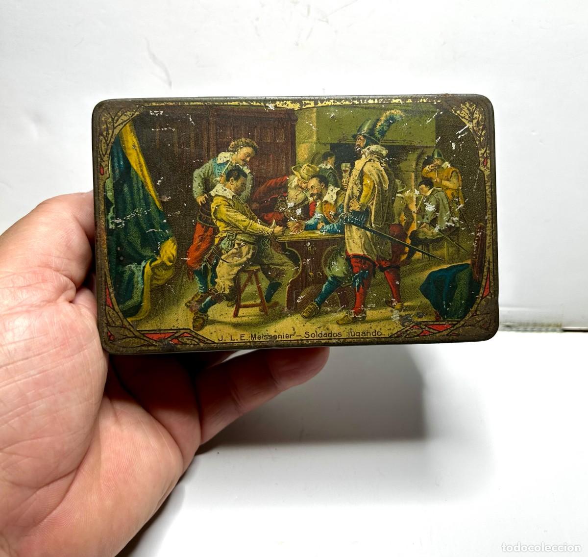 Cajas y cajitas met&aacute;licas: 3920.Caja met&aacute;lica antigua de colecci&oacute;n ilustrada con la obra litogr&aacute;fica (Soldados jugando)