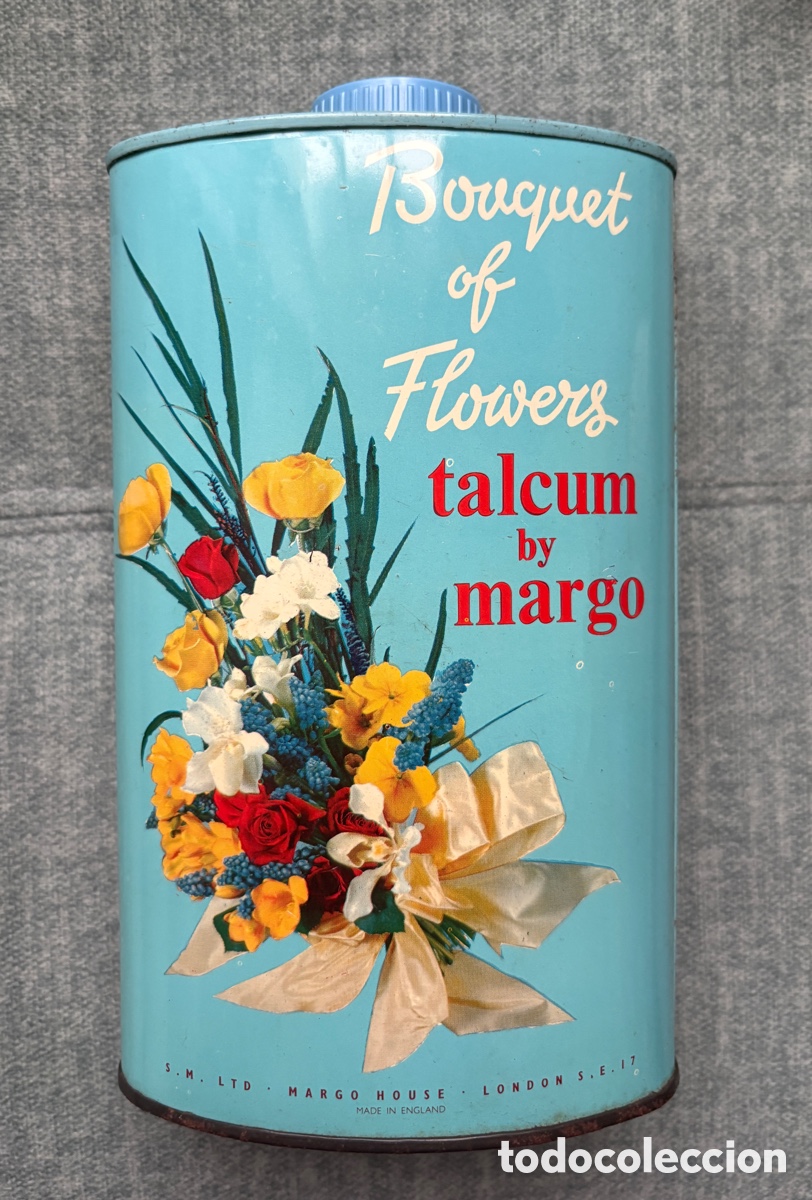 Cajas y cajitas met&aacute;licas: (L748) Lata de talco Bouquet of Flowers &ndash; Margo of Mayfair &ndash; Londres, a&ntilde;os 50-60 &ndash; 14 oz &ndash; Original