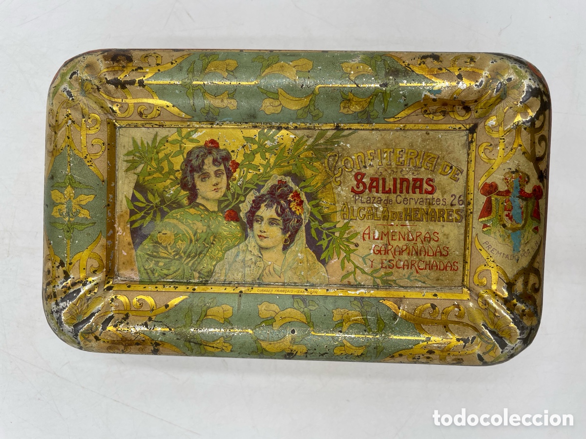 Cajas y cajitas met&aacute;licas: Antigua caja de hojalata litografiada Confiter&iacute;a de Salinas. Alcal&aacute; de Henares.