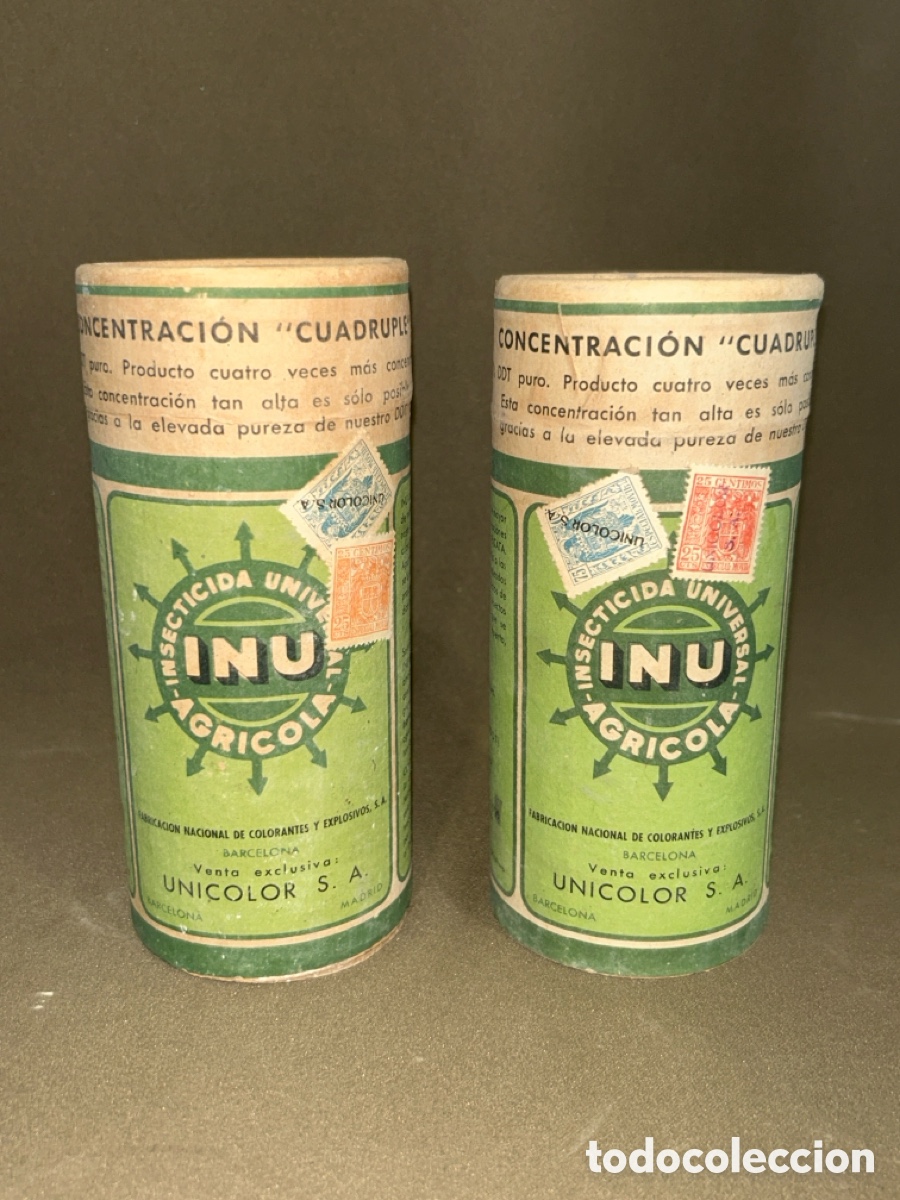 Cajas y cajitas met&aacute;licas: LOTE DE 2 CAJAS, BOTES INSECTICIDA AGR&Iacute;COLA INU 16 CM X 7&rsquo;5 CM *LLENOS Y SIN ABRIR*