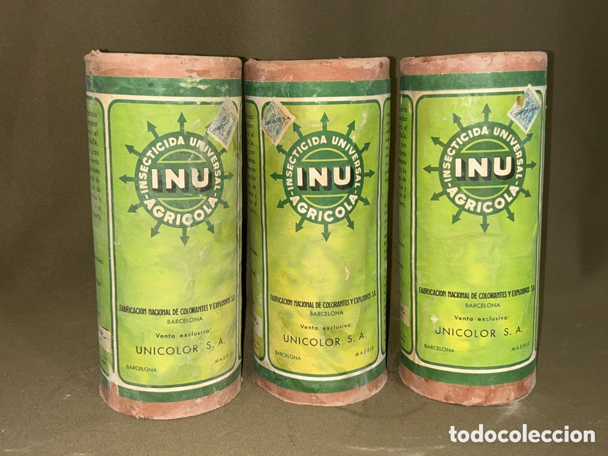 Cajas y cajitas met&aacute;licas: LOTE DE 3 CAJAS, BOTES INSECTICIDA AGR&Iacute;COLA INU 24 CM X 10 CM *LLENOS, SIN ABRIR* *VER FOTOS*
