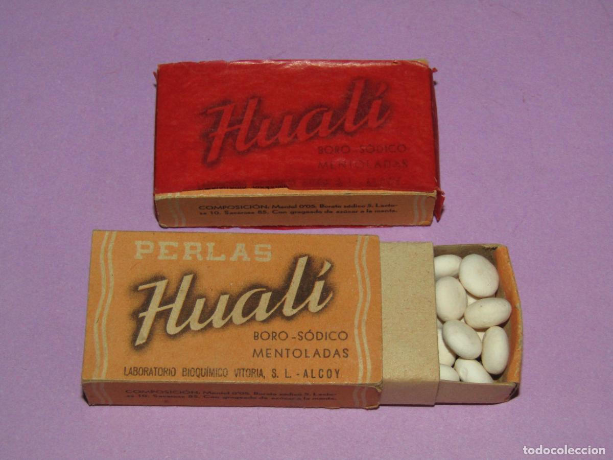 Cajas y cajitas met&aacute;licas: Antiguas Cajas Completas de Perlas HUAL&Iacute; Boro-S&oacute;dico-Mentoladas de Lab. Victoria de Alcoy A&ntilde;o 1940s.
