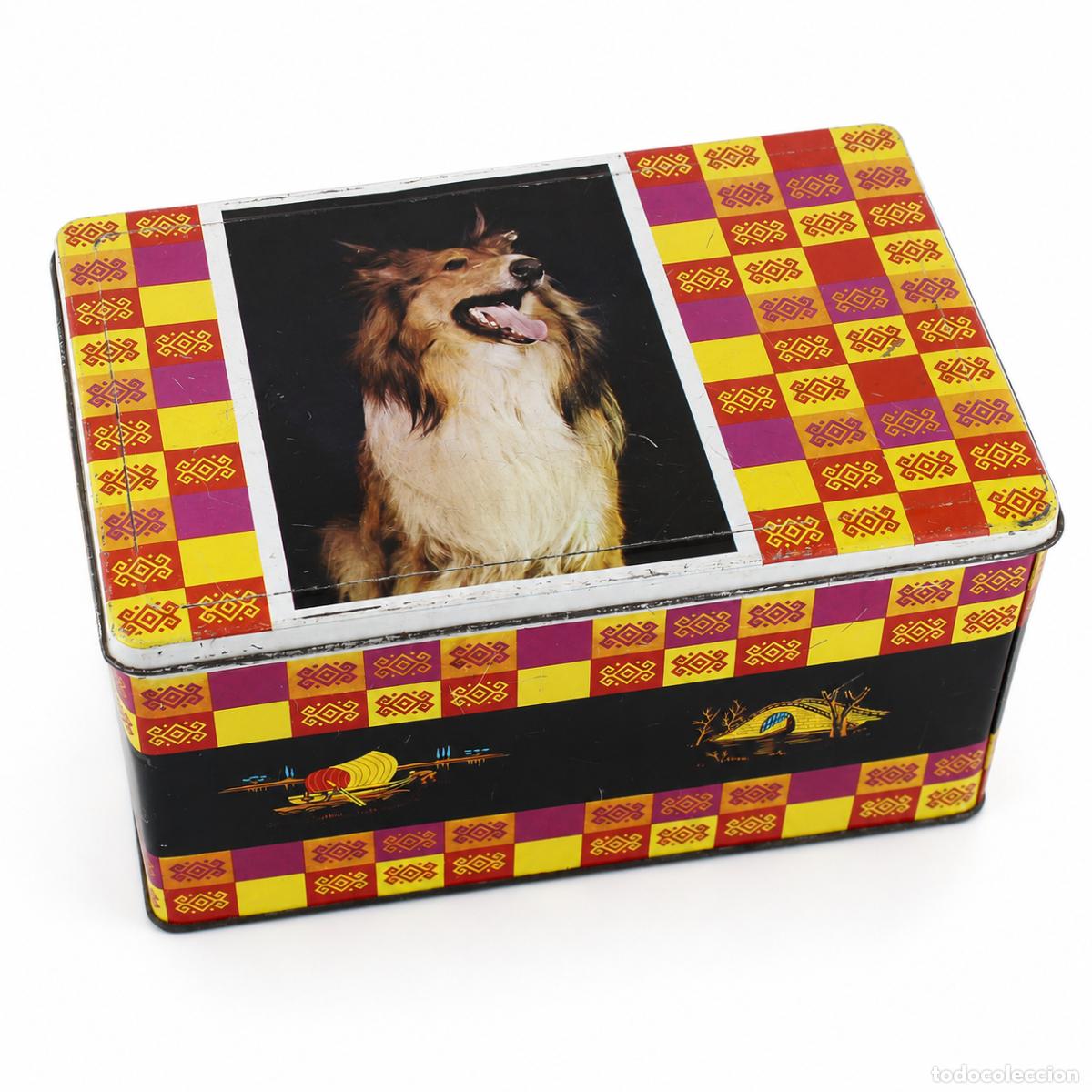 Cajas y cajitas met&aacute;licas: Antigua Caja Hojalata Azafr&aacute;n T&eacute; Especias Polluelos Lassie Collie Vintage Tin