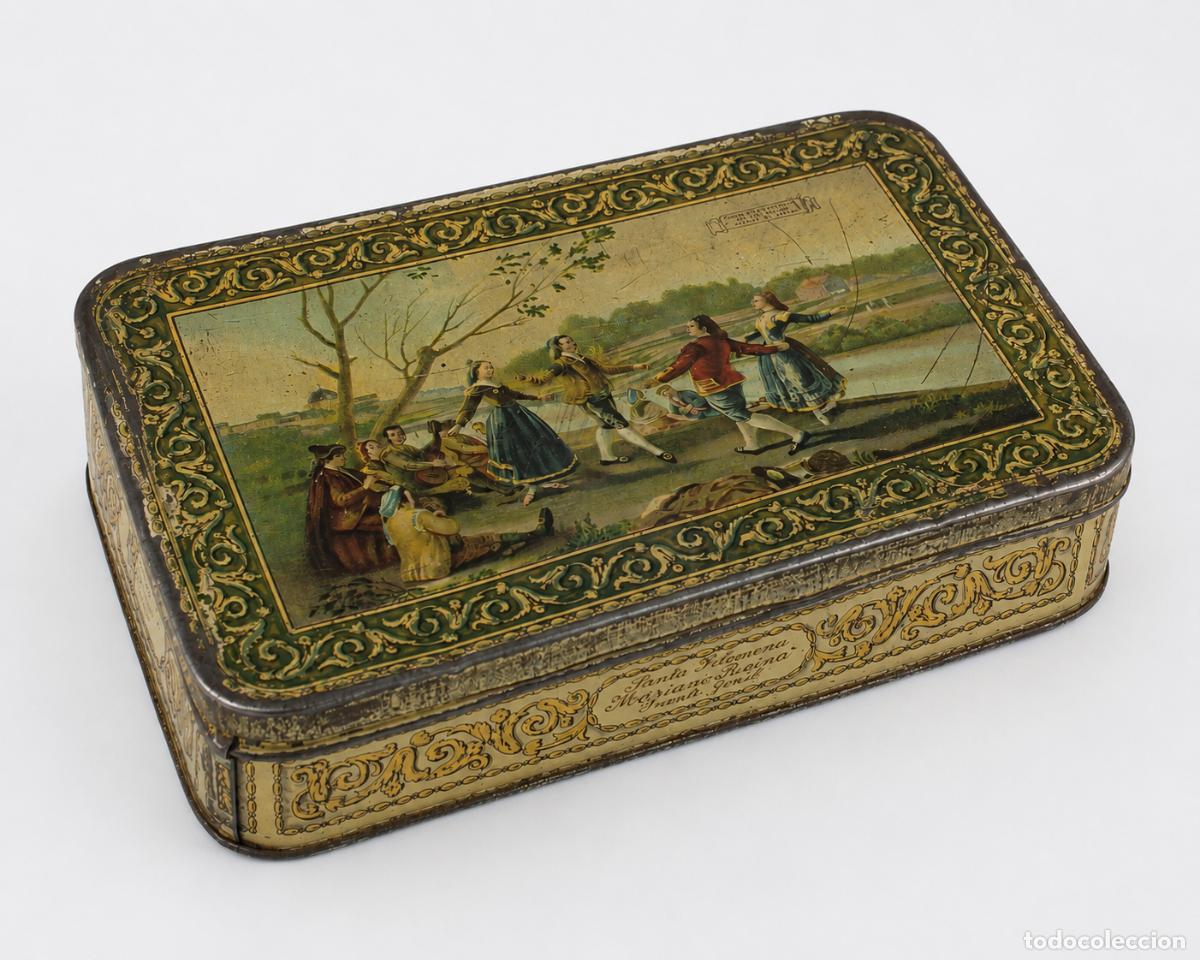 Cajas y cajitas met&aacute;licas: Antigua Lata Litografiada Dulce Membrillo Santa Filomena Imagen Goya Puente Genil 1930