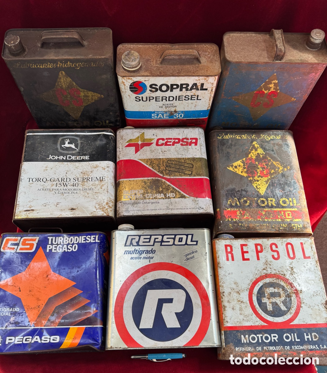 Cajas y cajitas met&aacute;licas: Gran lote de 9 latas litografiadas aceite de motor!