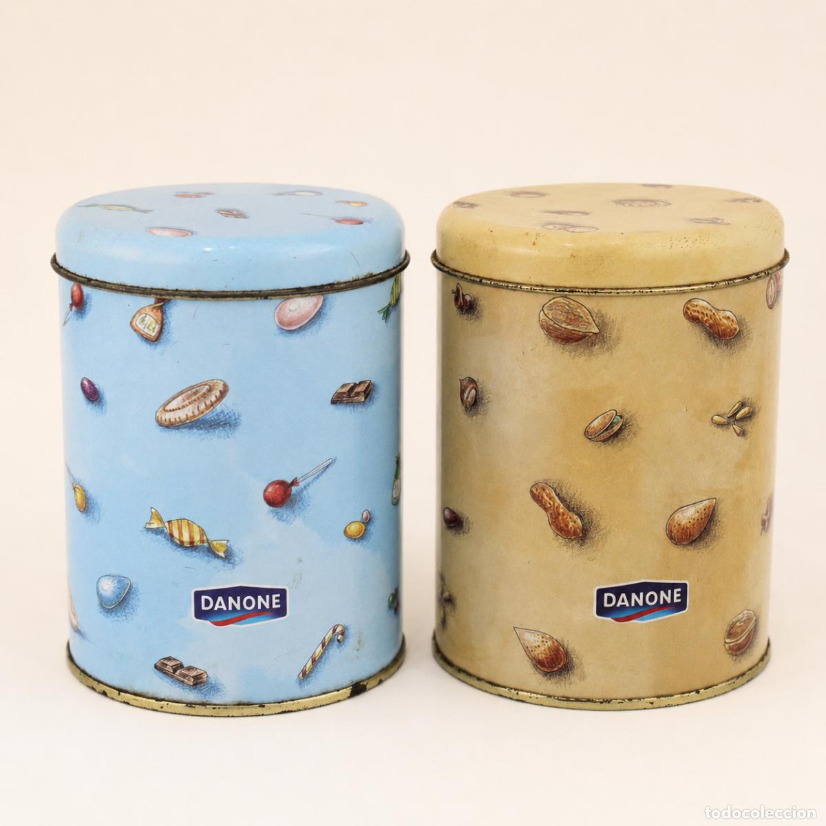 Cajas y cajitas met&aacute;licas: 2 Botes Hojalata Lata Danone Vintage Promocional A&ntilde;os 80 Cocina Publicidad Retro