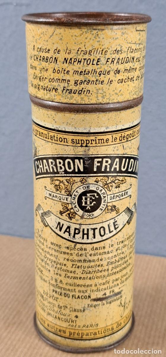 Cajas y cajitas met&aacute;licas: Caja met&aacute;lica antigua &ldquo;Charbon Naphtol&eacute; Fraudin&rdquo;, Francia, ca. 1900&ndash;1920
