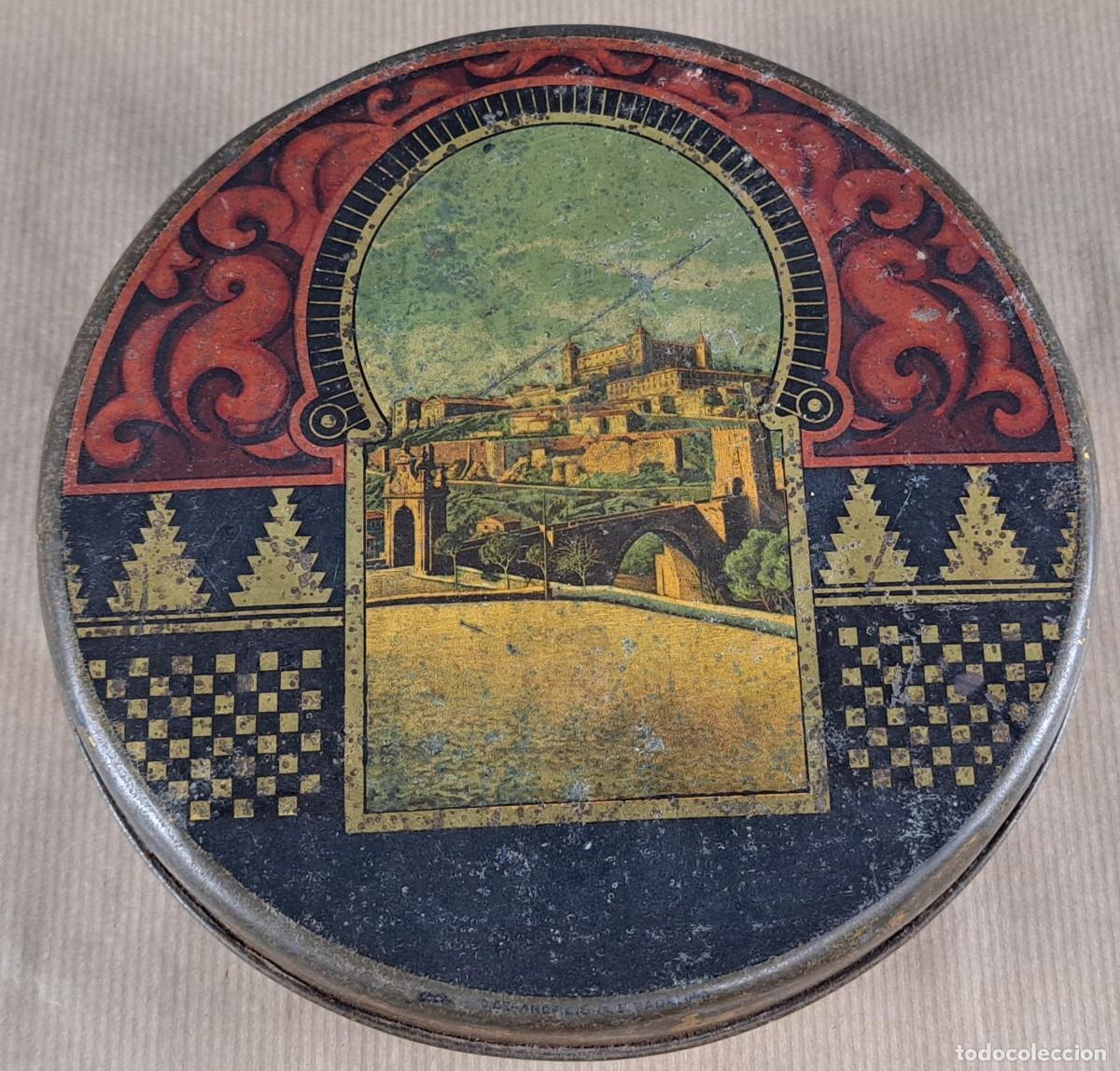 Cajas y cajitas met&aacute;licas: Caja met&aacute;lica redonda &ldquo;Harinas y Mazap&aacute;n San Jos&eacute;&rdquo;, Toledo, ca. 1930&ndash;1940