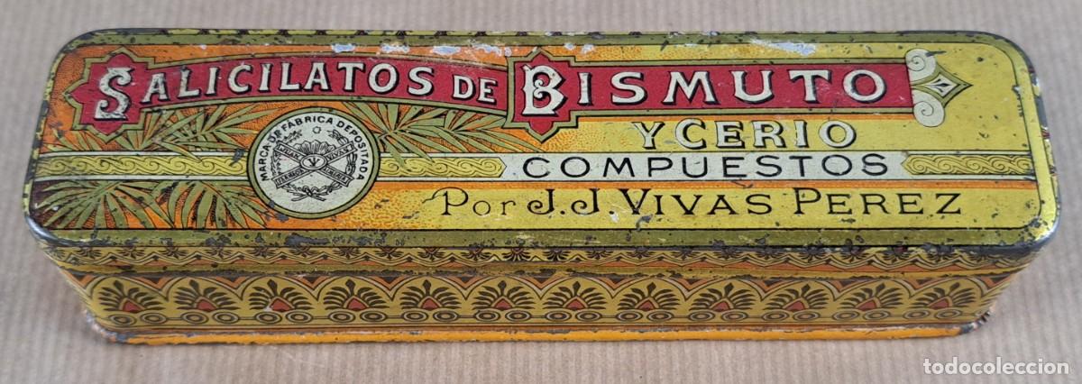 Cajas y cajitas met&aacute;licas: Caja de lata &ldquo;Salicilatos de Bismuto y Cerio Compuestos &ndash; J. J. Vivas P&eacute;rez&rdquo; (1927)