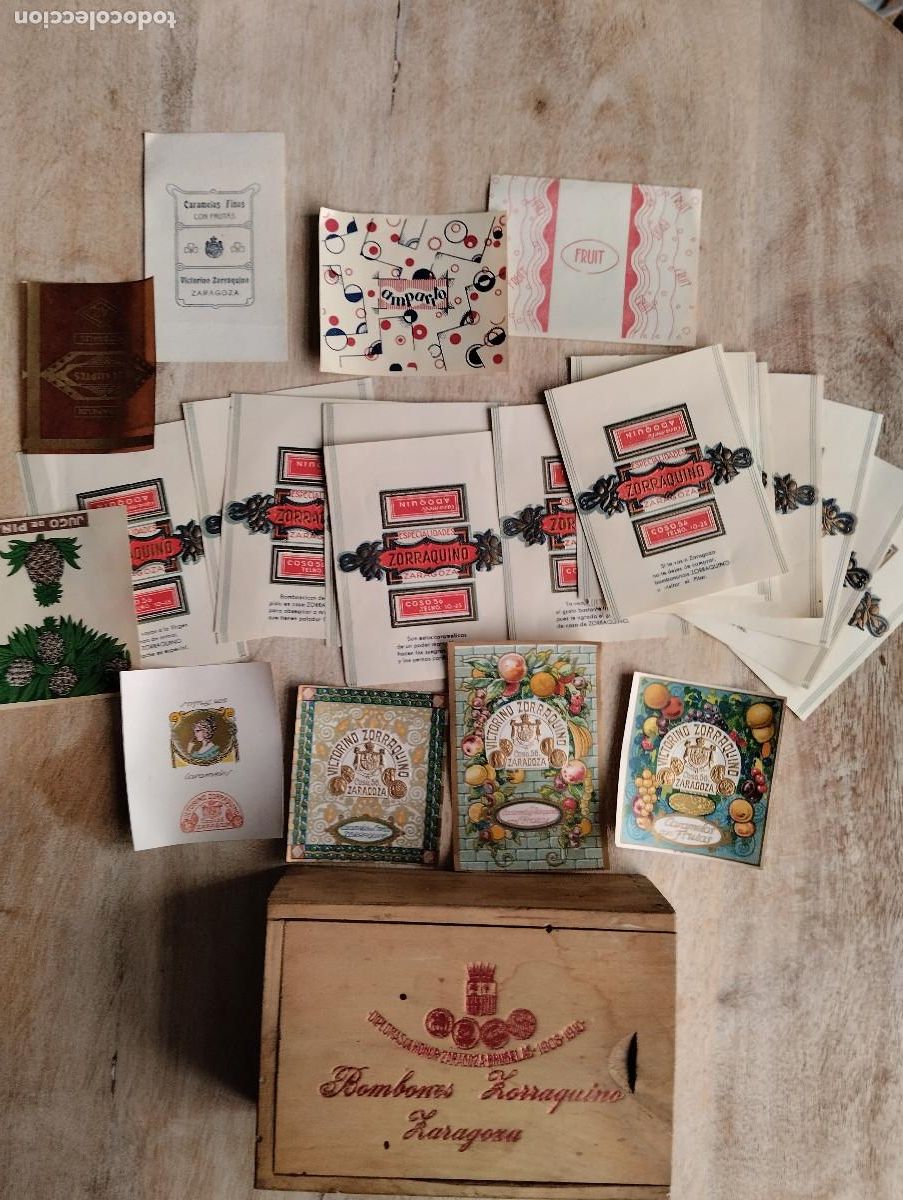 Cajas y cajitas met&aacute;licas: CAJA DE MADERA BOMBONES ZORRAQUINO ZARAGOZA. CON 22 ETIQUETAS CARAMELOS...