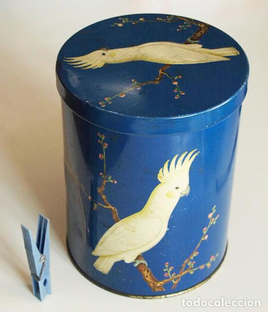 Cajas y cajitas met&aacute;licas: PRECIOSO BOTE DE METAL SPAR CAO CON &iquest;LORO? CIL&Iacute;NDRICO MET&Aacute;LICO DECORACI&Oacute;N AVE P&Aacute;JARO VINTAGE ANTIGUO