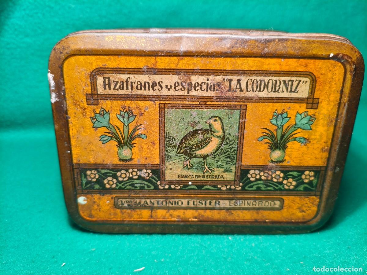 Cajas y cajitas met&aacute;licas: AZAFRAN LA CODORNIZ. ANTONIO FUSTER. ESPINARDO. MURCIA. ANTIGUA CAJA LATA SERIGRAFIADA.