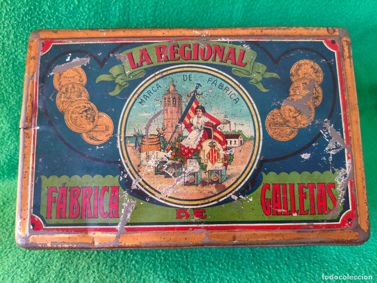 Cajas y cajitas met&aacute;licas: LA REGIONAL. FABRICA DE GALLETAS. CASTELLO. VALENCIA. ANTIGUA CAJA LATA SERIGRAFIADA. 1909