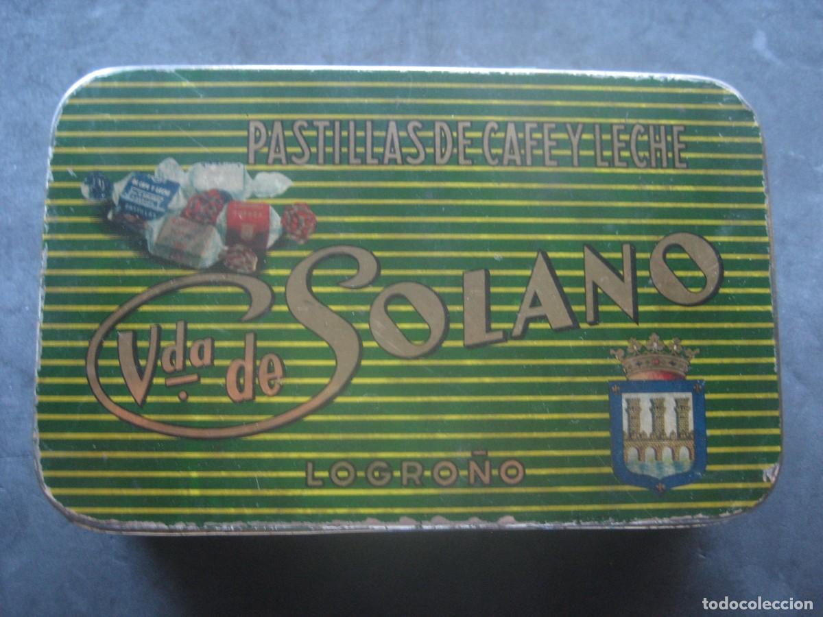 Cajas y cajitas met&aacute;licas: Antigua caja de hojalata de pastillas de cafe y leche, Vda. de Solano. Logro&ntilde;o