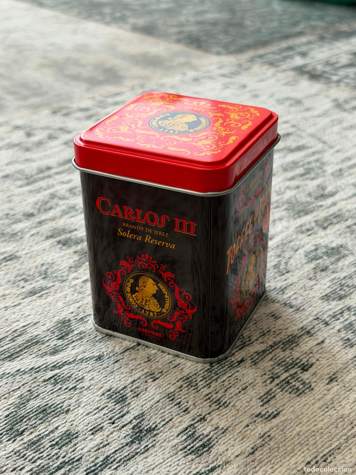 Cajas y cajitas met&aacute;licas: CAJA MET&Aacute;LICA DE LAT&Oacute;N CARLOS III BRANDY DE JEREZ SOLERA RESERVA OSBORNE