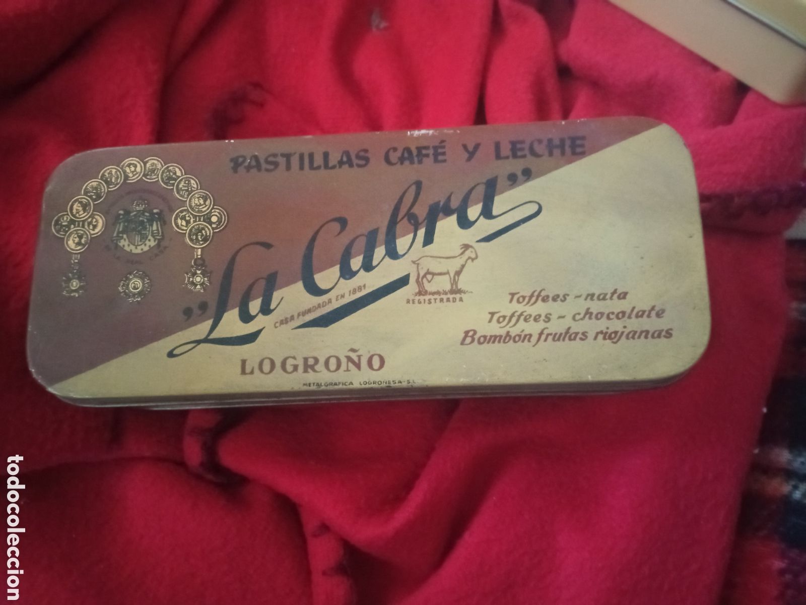 Cajas y cajitas met&aacute;licas: Antigua caja met&aacute;lica, Pastillas de caf&eacute; y leche, La Cabra, Logro&ntilde;o, mide 17x7x4cm