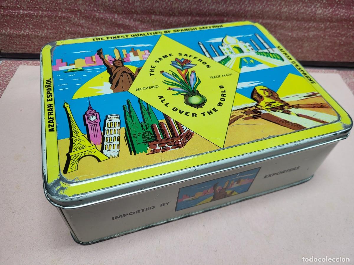 Cajas y cajitas met&aacute;licas: ANTIGUA CAJA LATA LITOGRAFIADA PUBLICIDAD EXPORTACI&Oacute;N AZAFRAN ESPECIAS