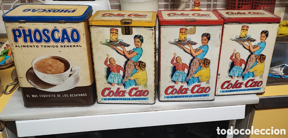 Cajas y cajitas met&aacute;licas: Lote de 4 botes met&aacute;licos vintage Cola Cao y Phoscao originales