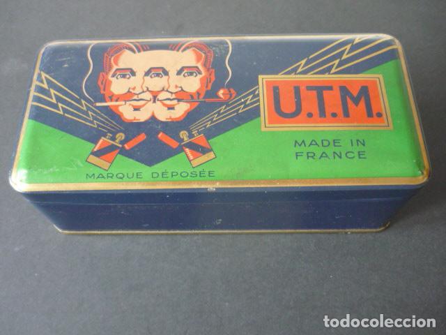 Cajas y cajitas met&aacute;licas: LATA LITOGRAFIADA ENCENDEDORES U.T.M. TABACO 19 X 6 X 9 CM