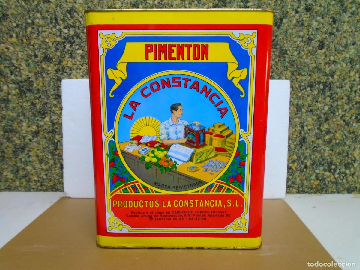 Cajas y cajitas met&aacute;licas: ANTIGUO BOTE DE PIMENTON DE HOJALATA LIT.&rdquo;LA CONSTANCIA&rdquo; CABEZO DE TORRES(MURCIA)