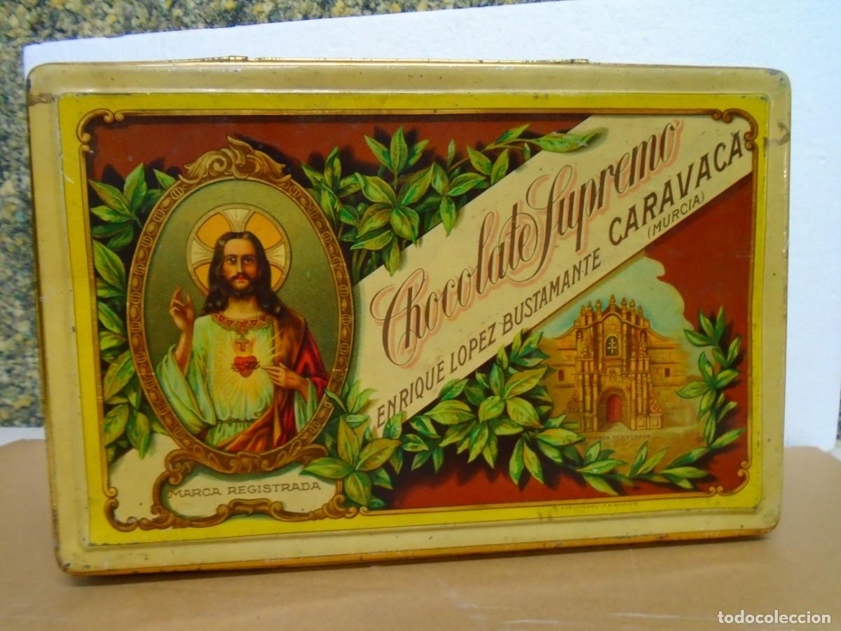 Cajas y cajitas met&aacute;licas: ANTIGUA CAJA DE HOJALATA LIT.&rdquo;CHOCOLATE SUPREMO&rdquo;CARAVACA(MURCIA)RARA.