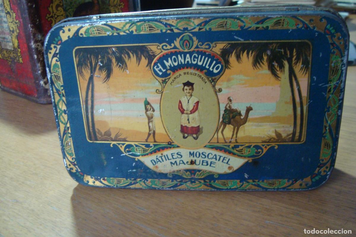 Cajas y cajitas met&aacute;licas: ANTIGUA LATA EL MONAGUILLO. DATILES MOSCATEL MAJUBE. BERNABE BIOSCA ALICANTE